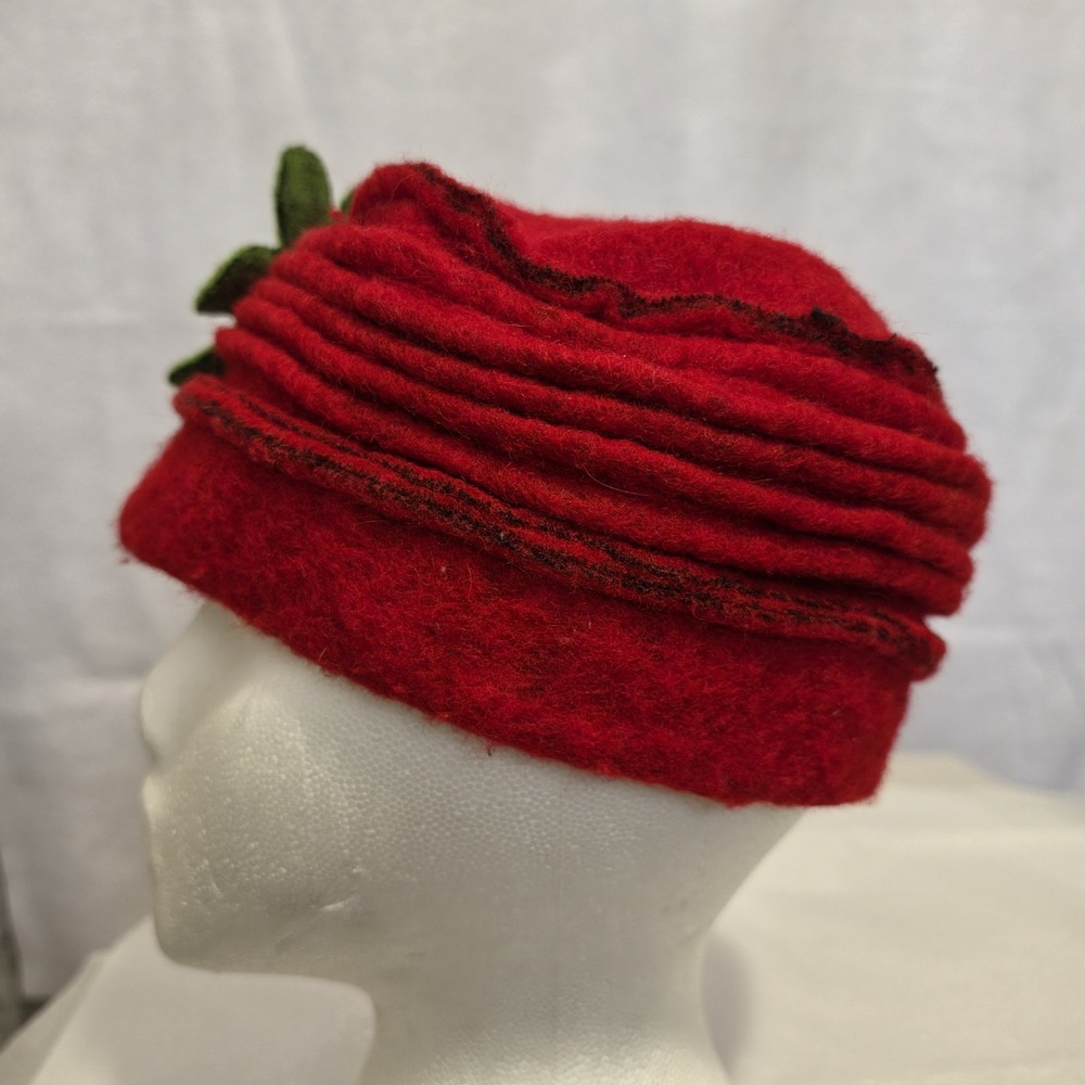 Platania Italy Red Wool Blend Cloche Hat 3D Felt Flowers Made in Italy - Picture 4 of 5